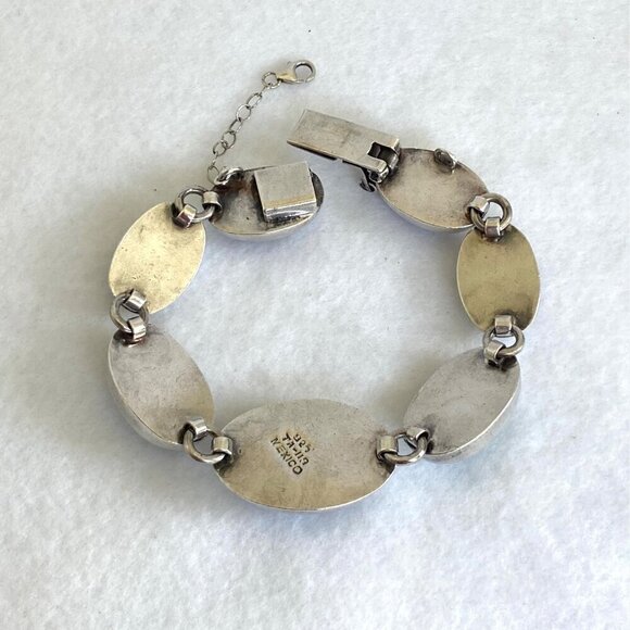 VTG Sterling Silver 925 Taxco Mexico Chunky Multi Gemstone Oval Link Bracelet - Picture 6 of 16